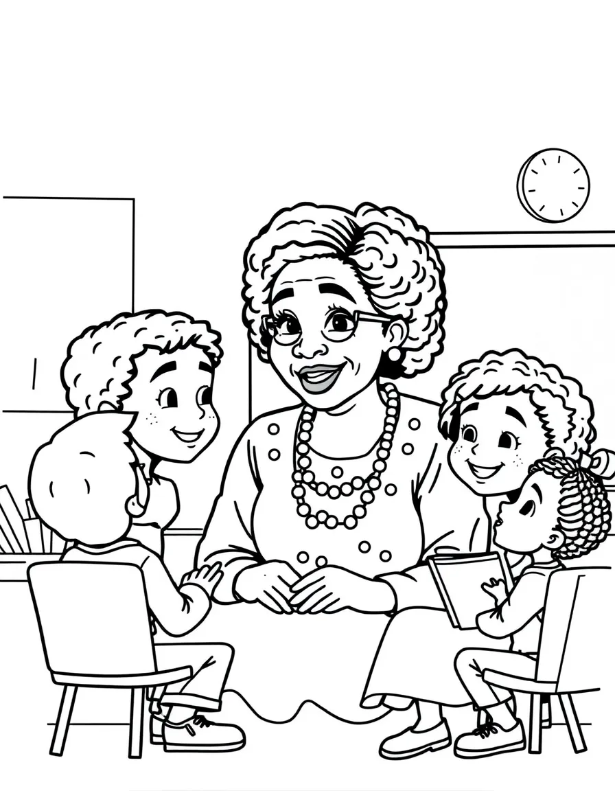 Rosa Parks teaching children, with educational items like chalkboards and pencils, in a friendly classroom scene.