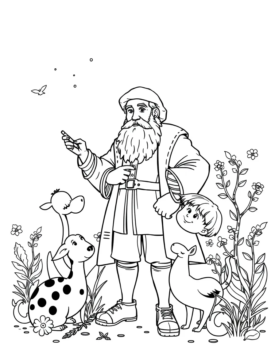 A playful scene showing Galileo Galilei in a historical outfit with animals, plants, or kids nearby.