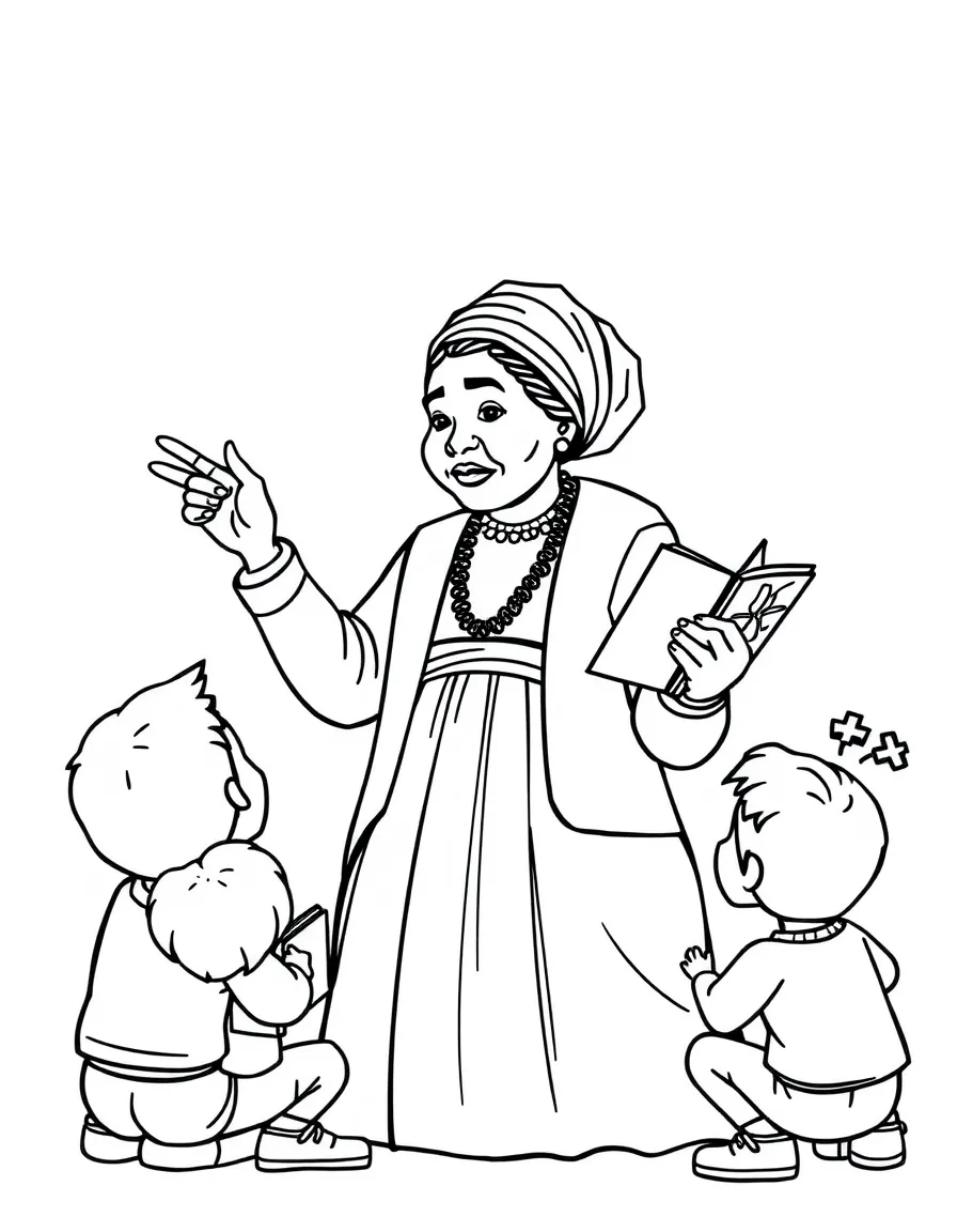 A fun coloring page of Harriet Tubman giving a speech to children with books and peace signs around.