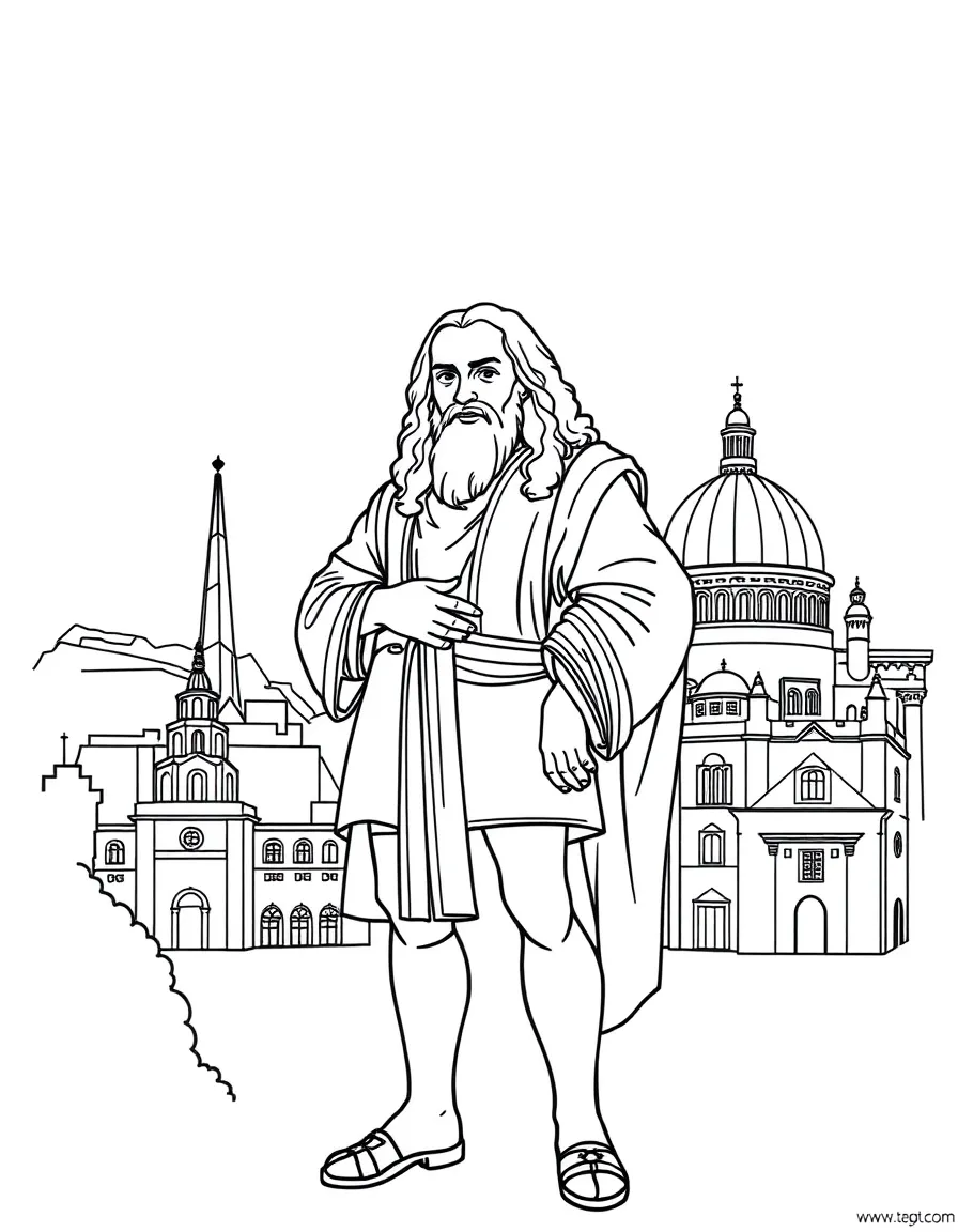 Leonardo da Vinci standing proudly with historical landmarks in the background, drawn with clear bold lines for coloring.