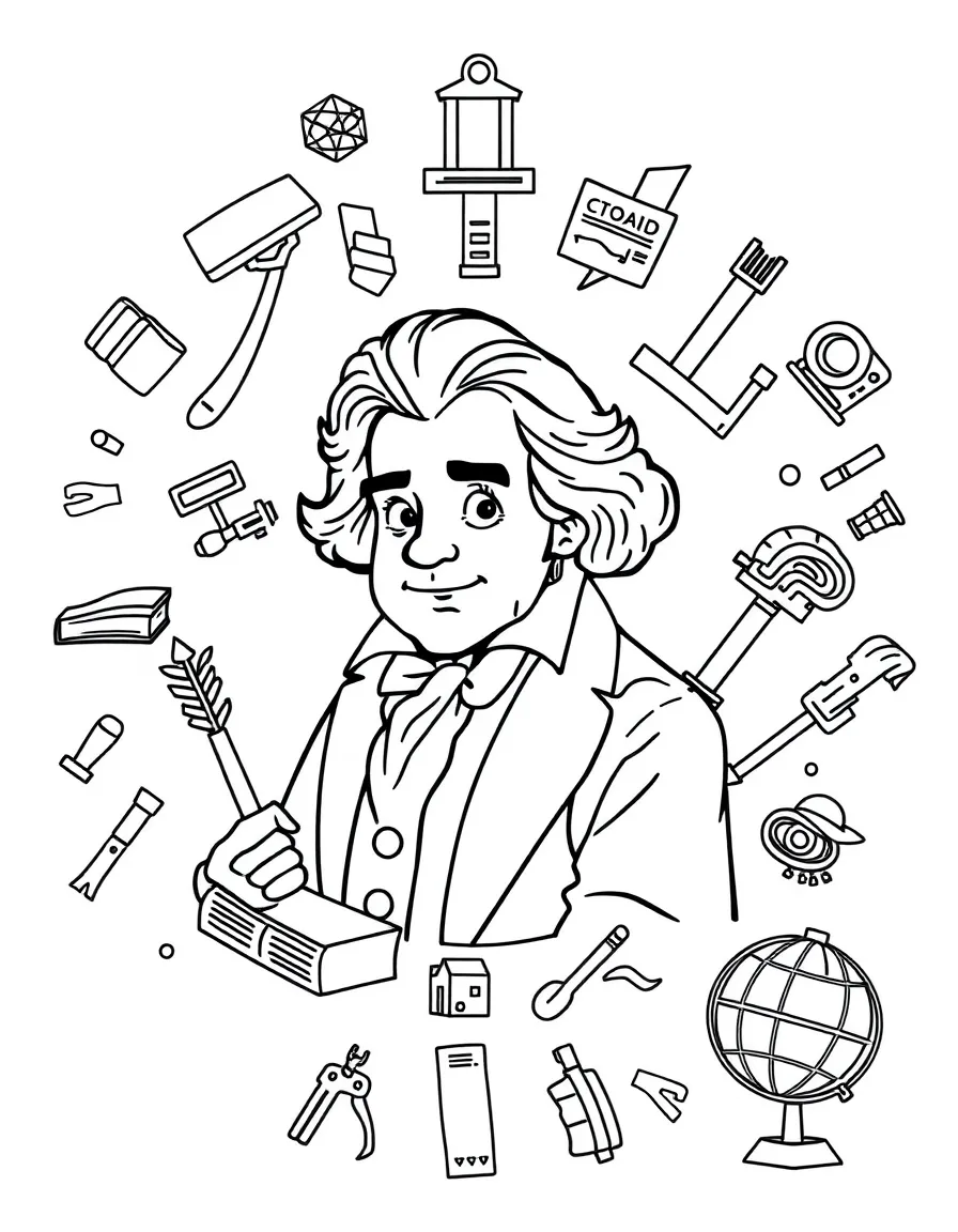 A cartoon-style drawing of Beethoven surrounded by symbols of their achievements, like books, tools, or globes.