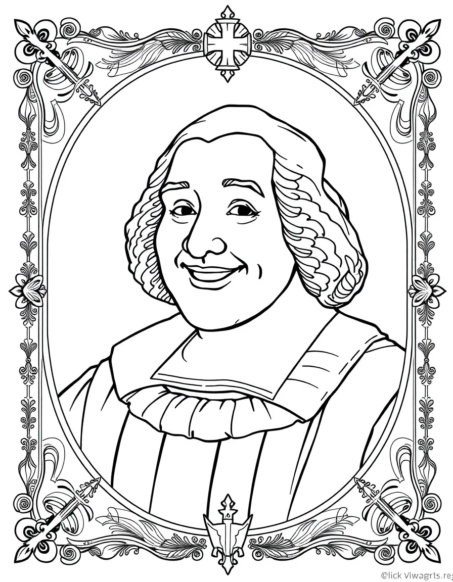 A portrait of Christopher Columbus with a big smile, framed with decorative borders and symbols of their time period.