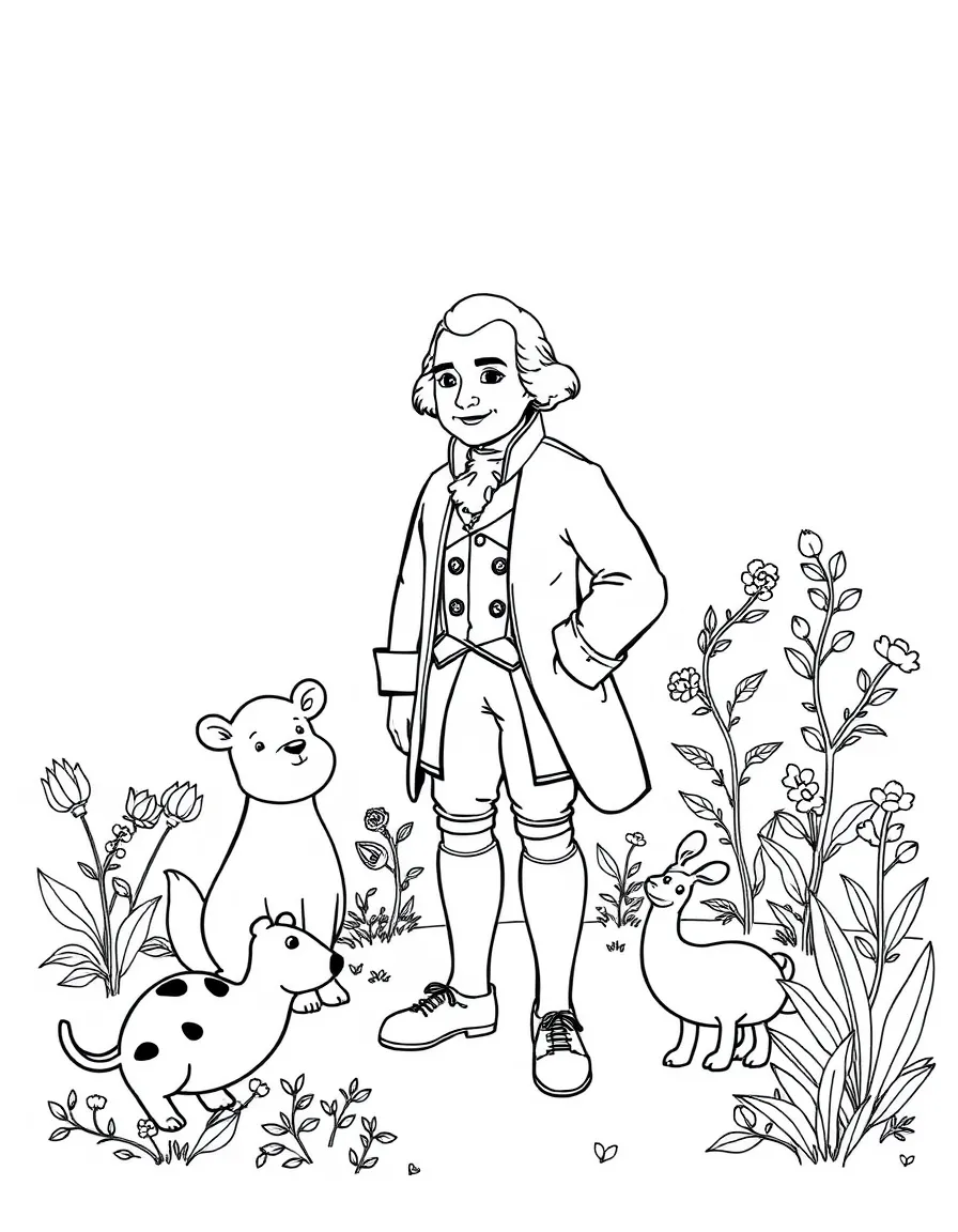 A playful scene showing George Washington in a historical outfit with animals, plants, or kids nearby.