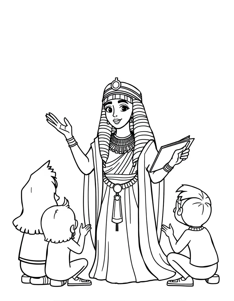 A fun coloring page of Cleopatra giving a speech to children with books and peace signs around.