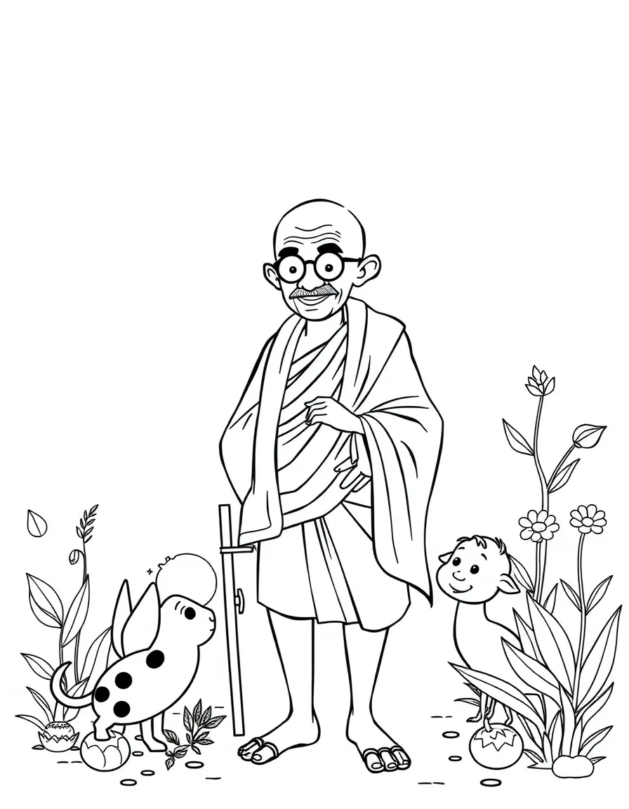 A playful scene showing Mahatma Gandhi in a historical outfit with animals, plants, or kids nearby.