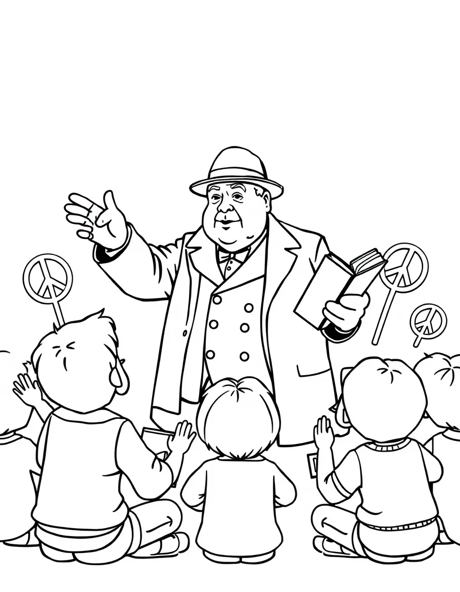 A fun coloring page of Winston Churchill giving a speech to children with books and peace signs around.