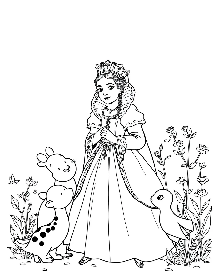 A playful scene showing Queen Elizabeth I in a historical outfit with animals, plants, or kids nearby.
