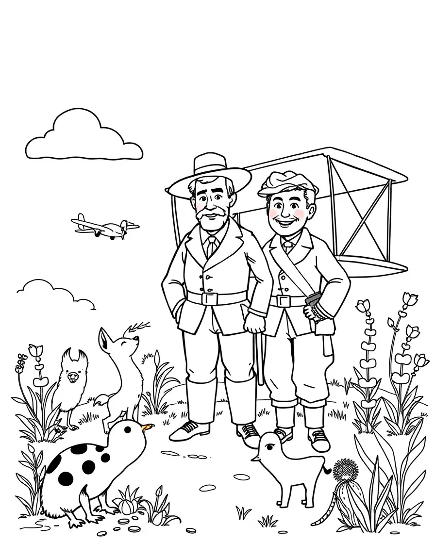 A playful scene showing The Wright Brothers in a historical outfit with animals, plants, or kids nearby.