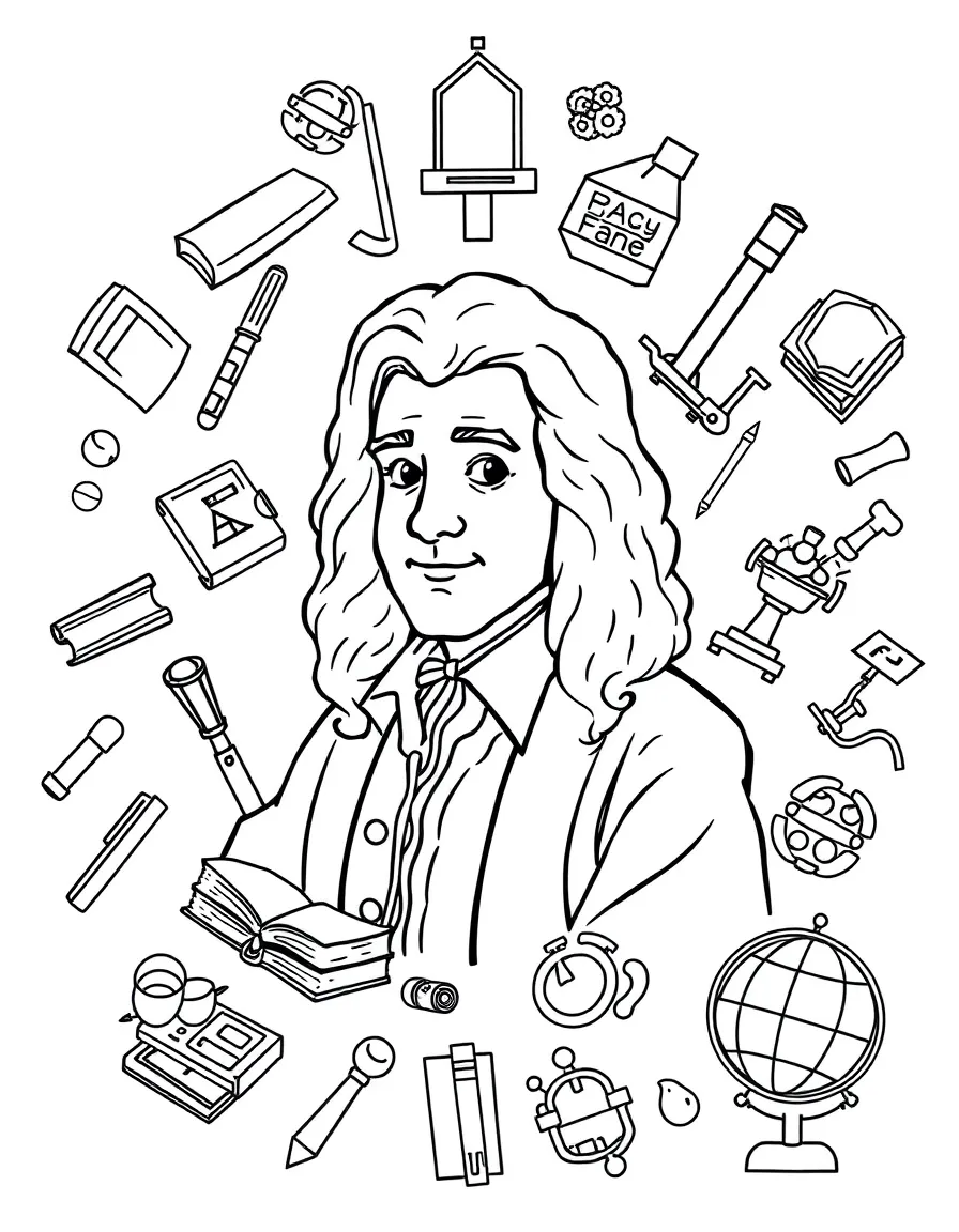 A cartoon-style drawing of Isaac Newton surrounded by symbols of their achievements, like books, tools, or globes.
