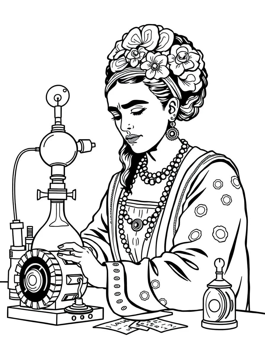Frida Kahlo working on their famous invention or idea, with gears, papers, or lab equipment drawn simply.