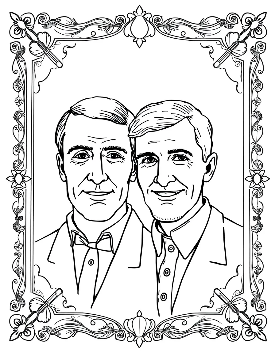 A portrait of The Wright Brothers with a big smile, framed with decorative borders and symbols of their time period.