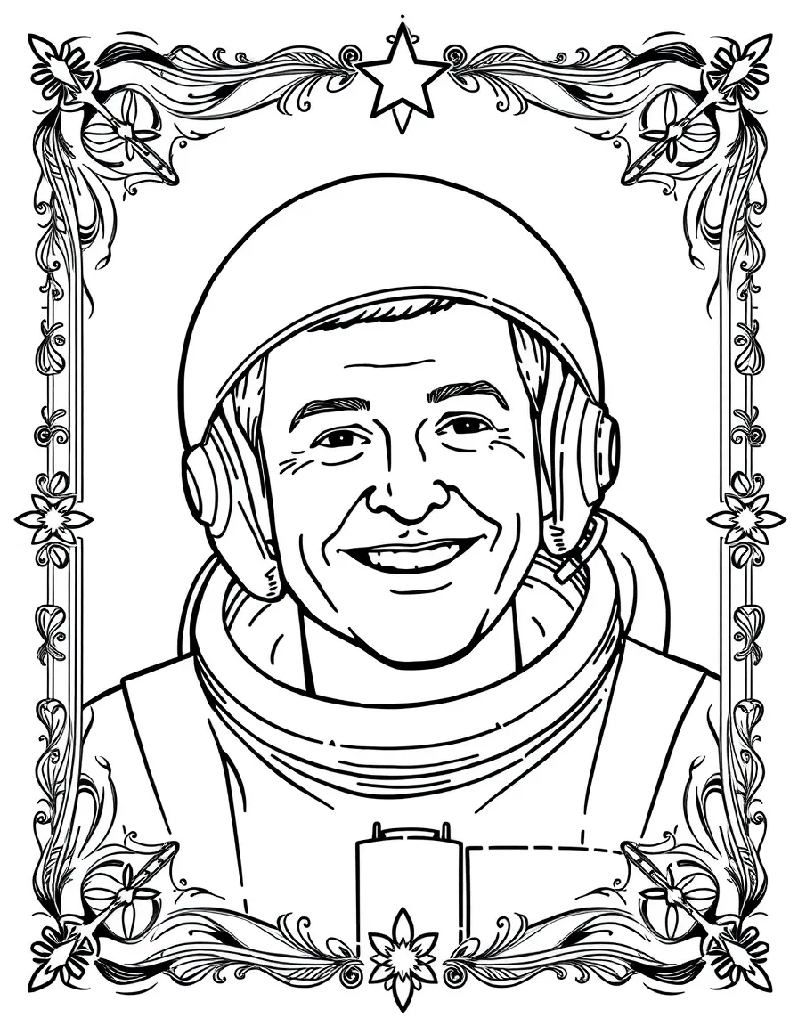 A portrait of Neil Armstrong with a big smile, framed with decorative borders and symbols of their time period.