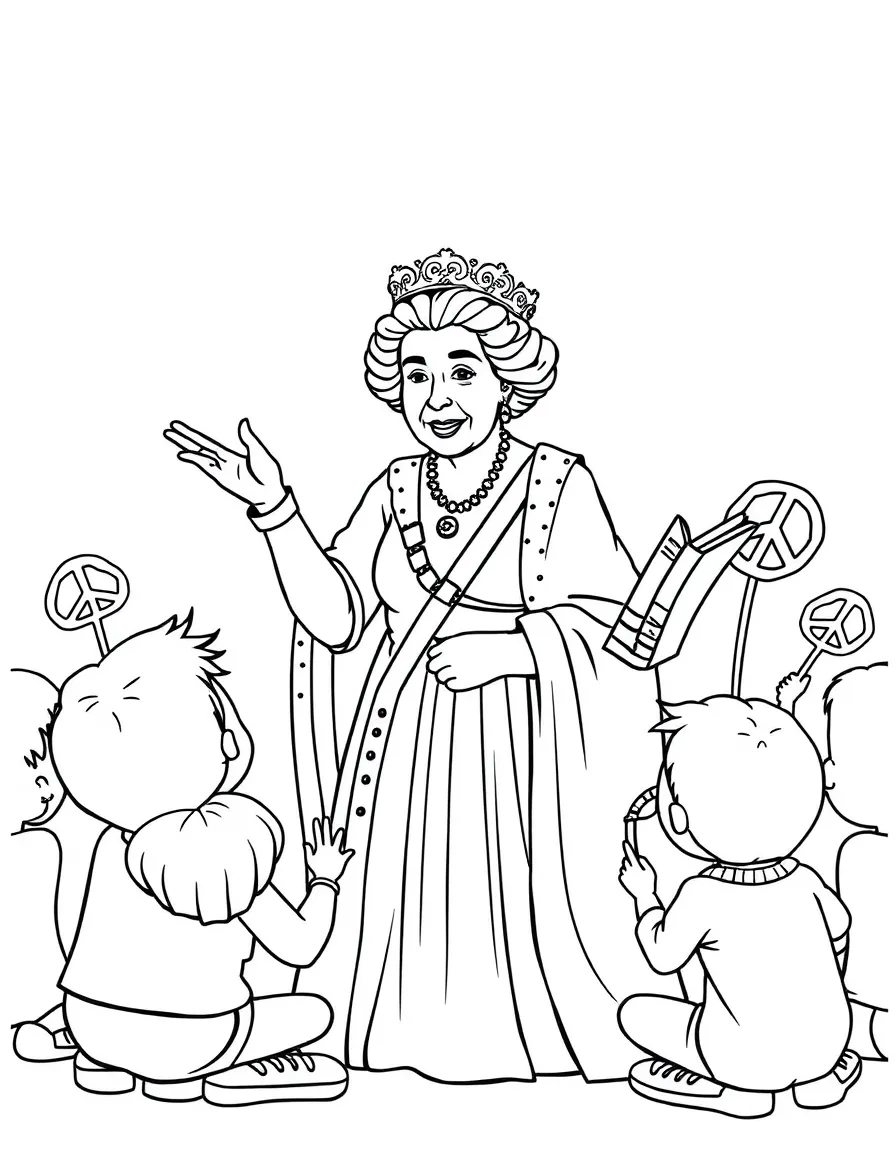 A fun coloring page of Queen Elizabeth I giving a speech to children with books and peace signs around.