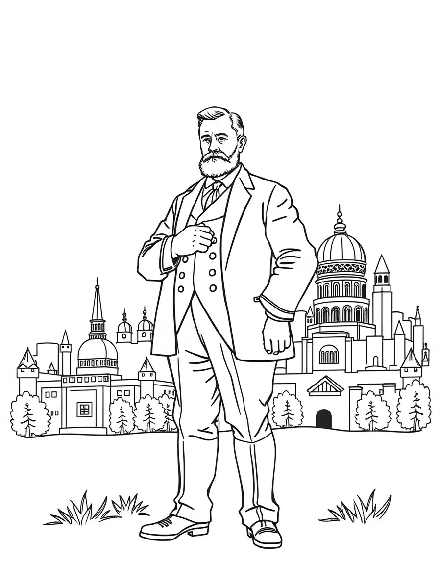 Theodore Roosevelt standing proudly with historical landmarks in the background, drawn with clear bold lines for coloring.