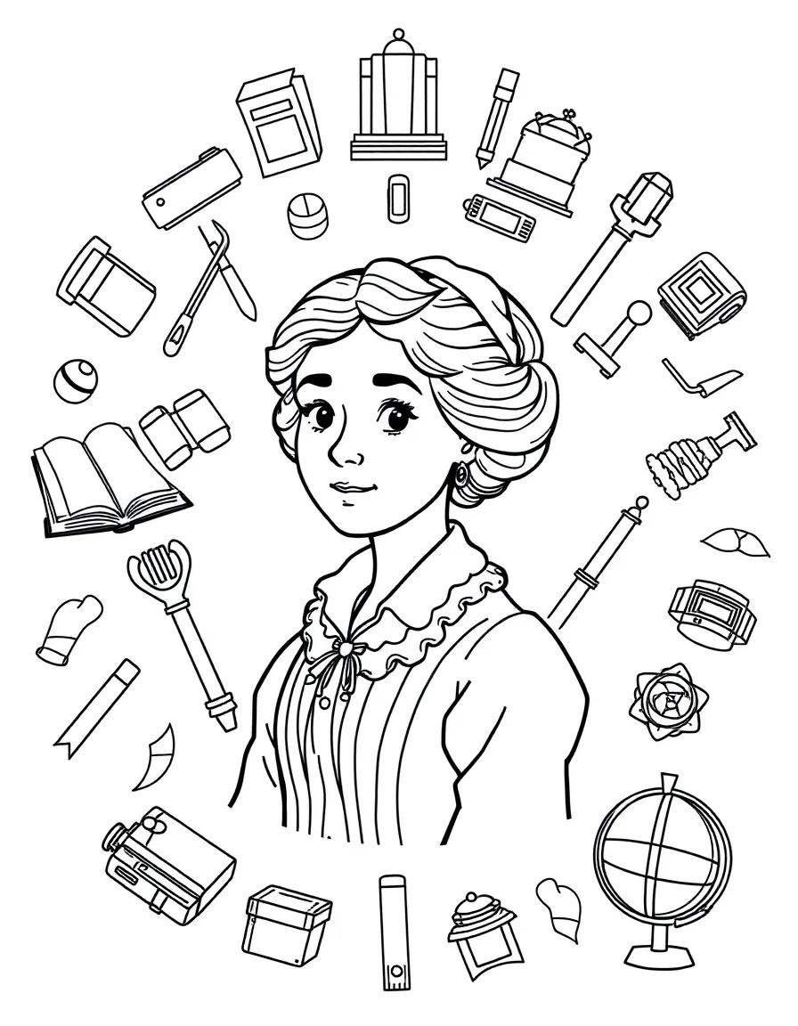 A cartoon-style drawing of Jane Austen surrounded by symbols of their achievements, like books, tools, or globes.
