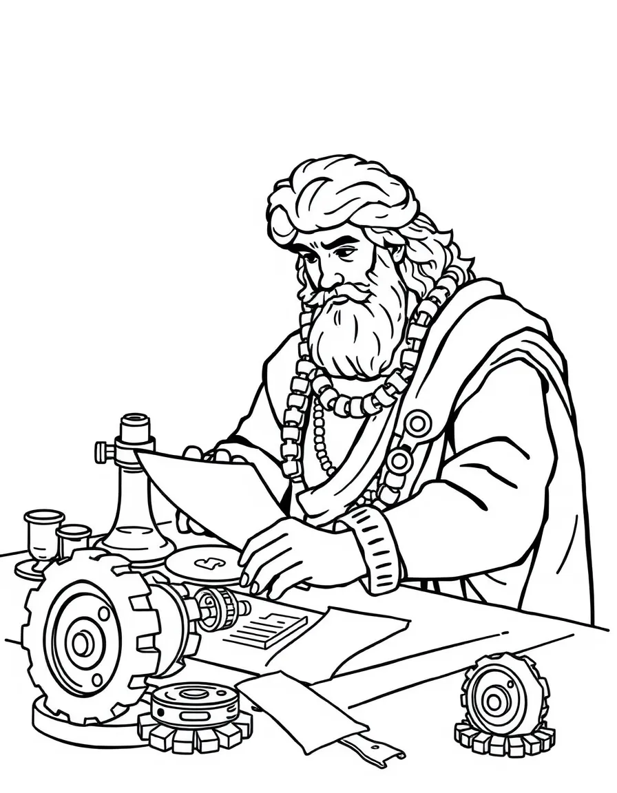 Alexander the Great working on their famous invention or idea, with gears, papers, or lab equipment drawn simply.