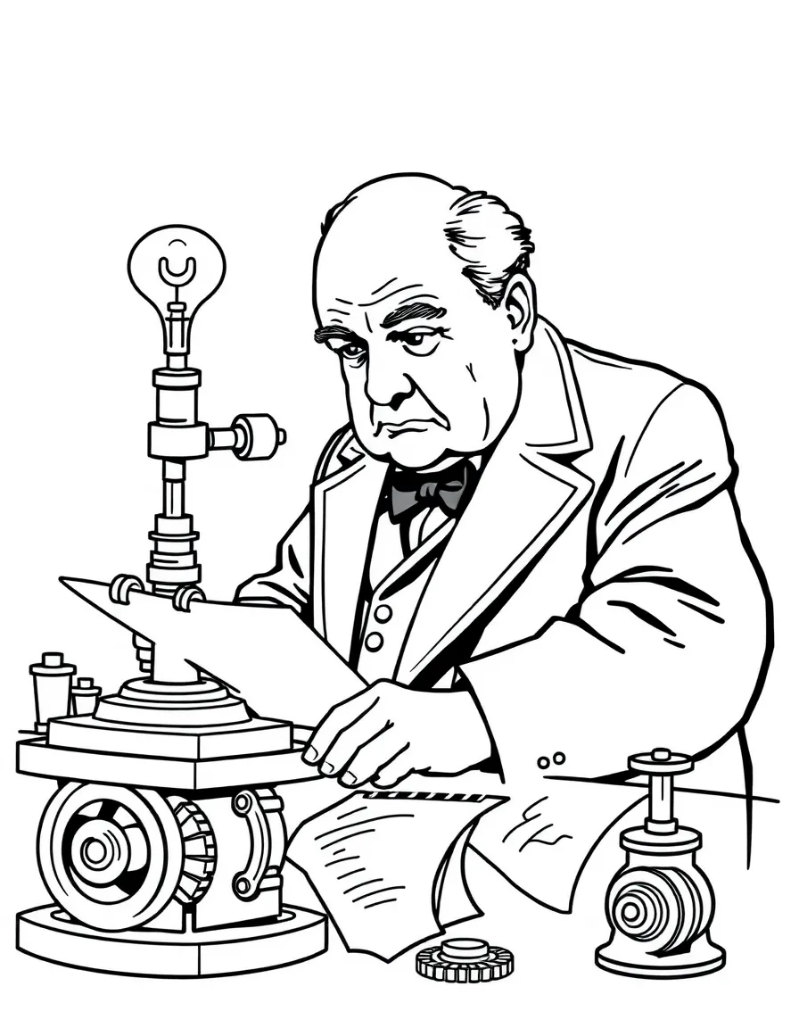 Winston Churchill working on their famous invention or idea, with gears, papers, or lab equipment drawn simply.