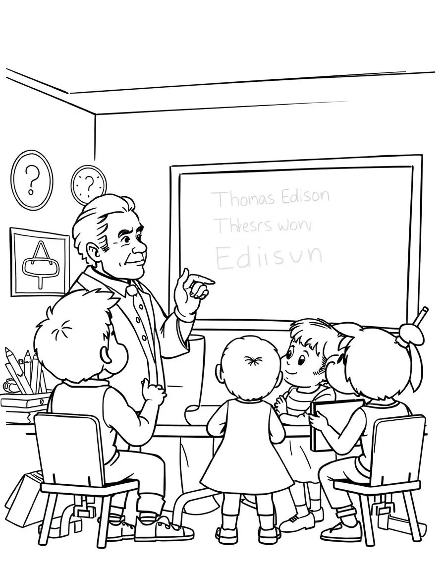 Thomas Edison teaching children, with educational items like chalkboards and pencils, in a friendly classroom scene.