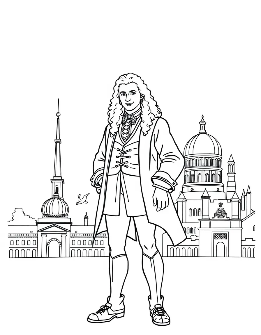 Isaac Newton standing proudly with historical landmarks in the background, drawn with clear bold lines for coloring.