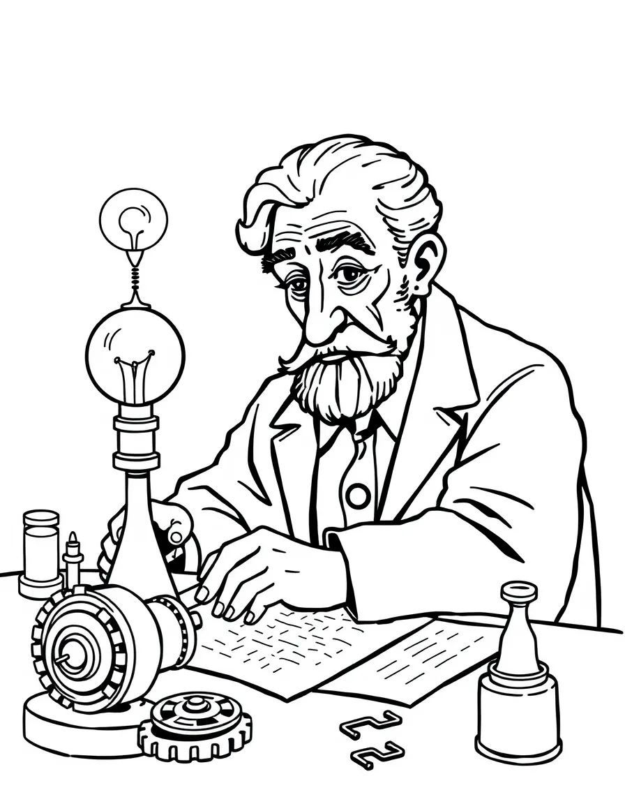 Pablo Picasso working on their famous invention or idea, with gears, papers, or lab equipment drawn simply.