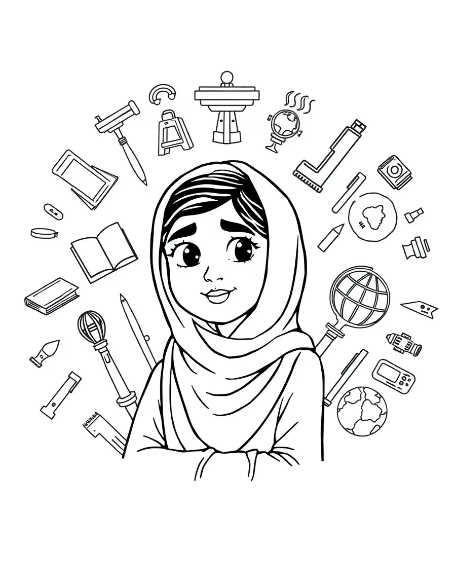 A cartoon-style drawing of Malala Yousafzai surrounded by symbols of their achievements, like books, tools, or globes.