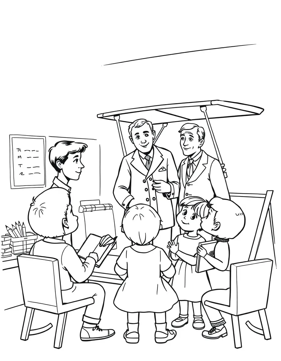The Wright Brothers teaching children, with educational items like chalkboards and pencils, in a friendly classroom scene.