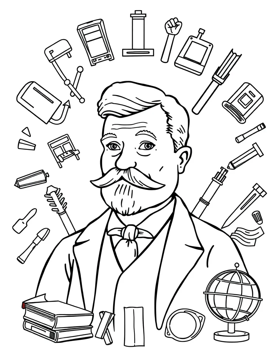 A cartoon-style drawing of Theodore Roosevelt surrounded by symbols of their achievements, like books, tools, or globes.