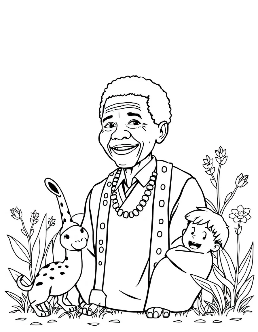 A playful scene showing Nelson Mandela in a historical outfit with animals, plants, or kids nearby.