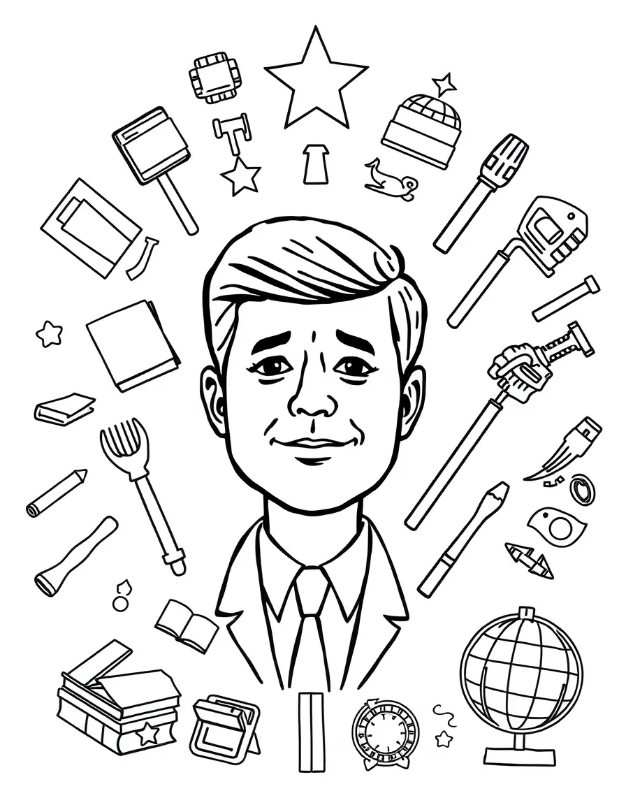 A cartoon-style drawing of John F. Kennedy surrounded by symbols of their achievements, like books, tools, or globes.
