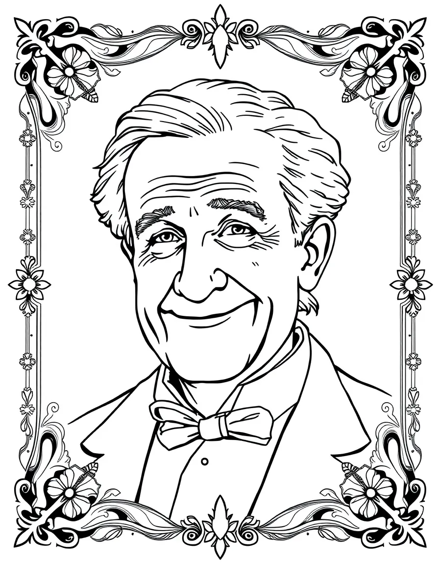 A portrait of Thomas Edison with a big smile, framed with decorative borders and symbols of their time period.