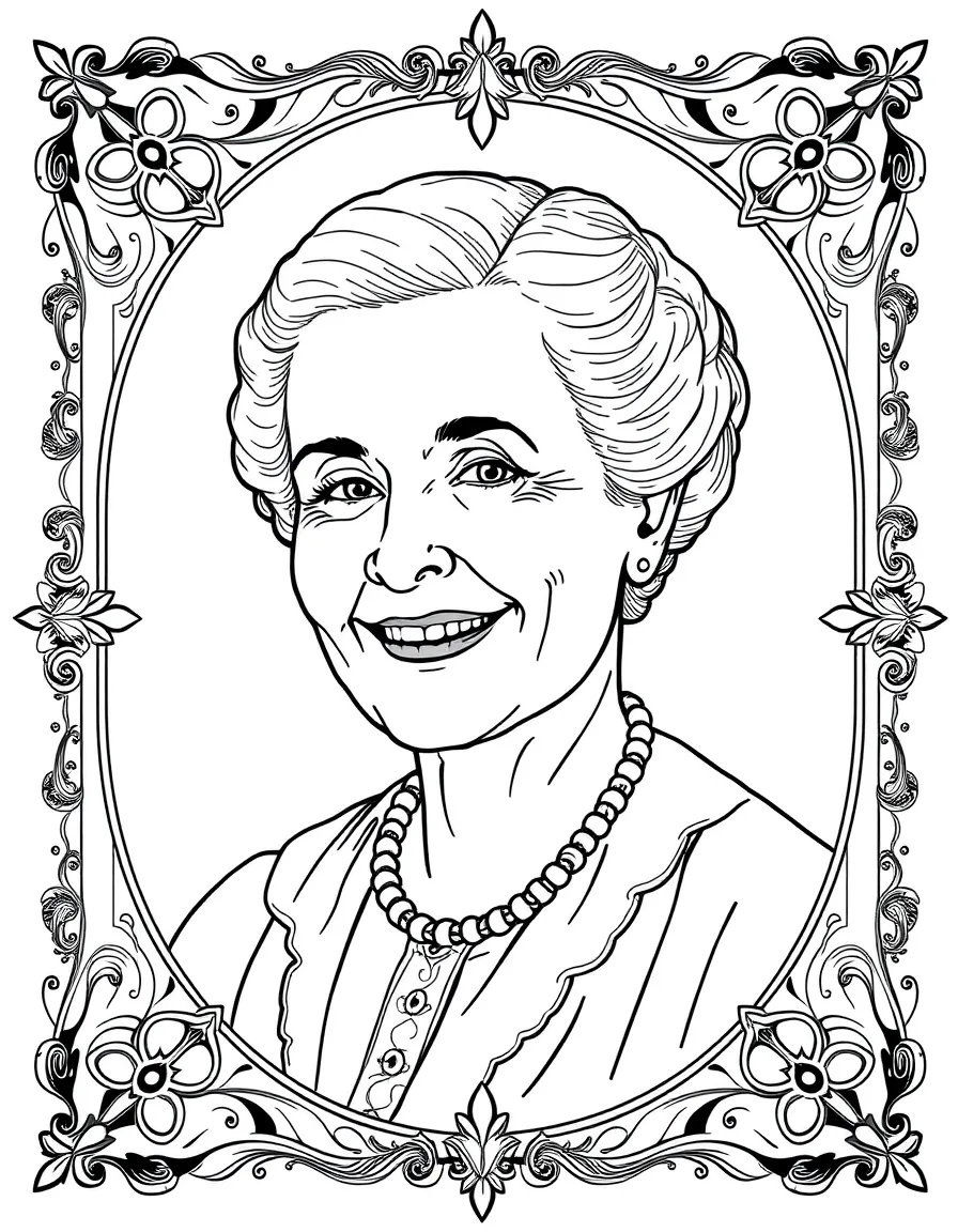 A portrait of Marie Curie with a big smile, framed with decorative borders and symbols of their time period.