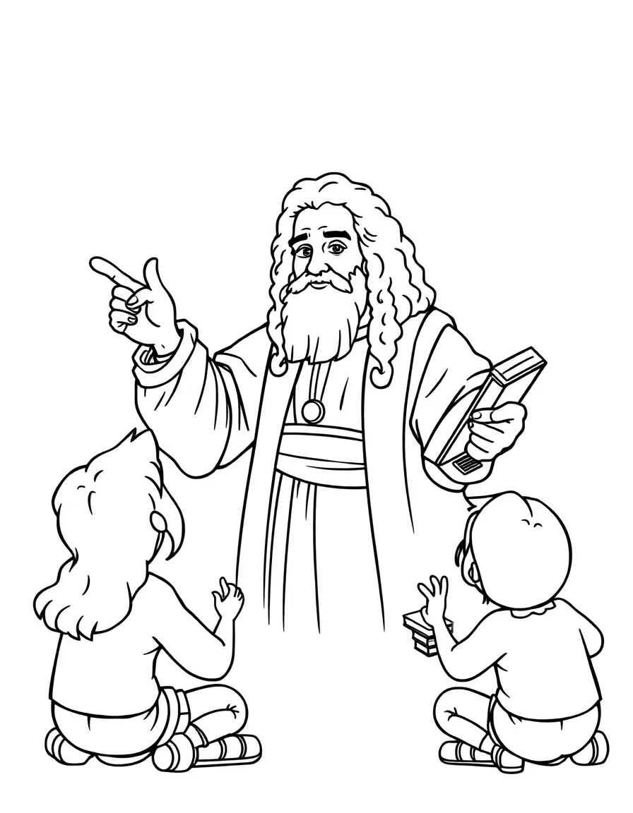 A fun coloring page of Leonardo da Vinci giving a speech to children with books and peace signs around.