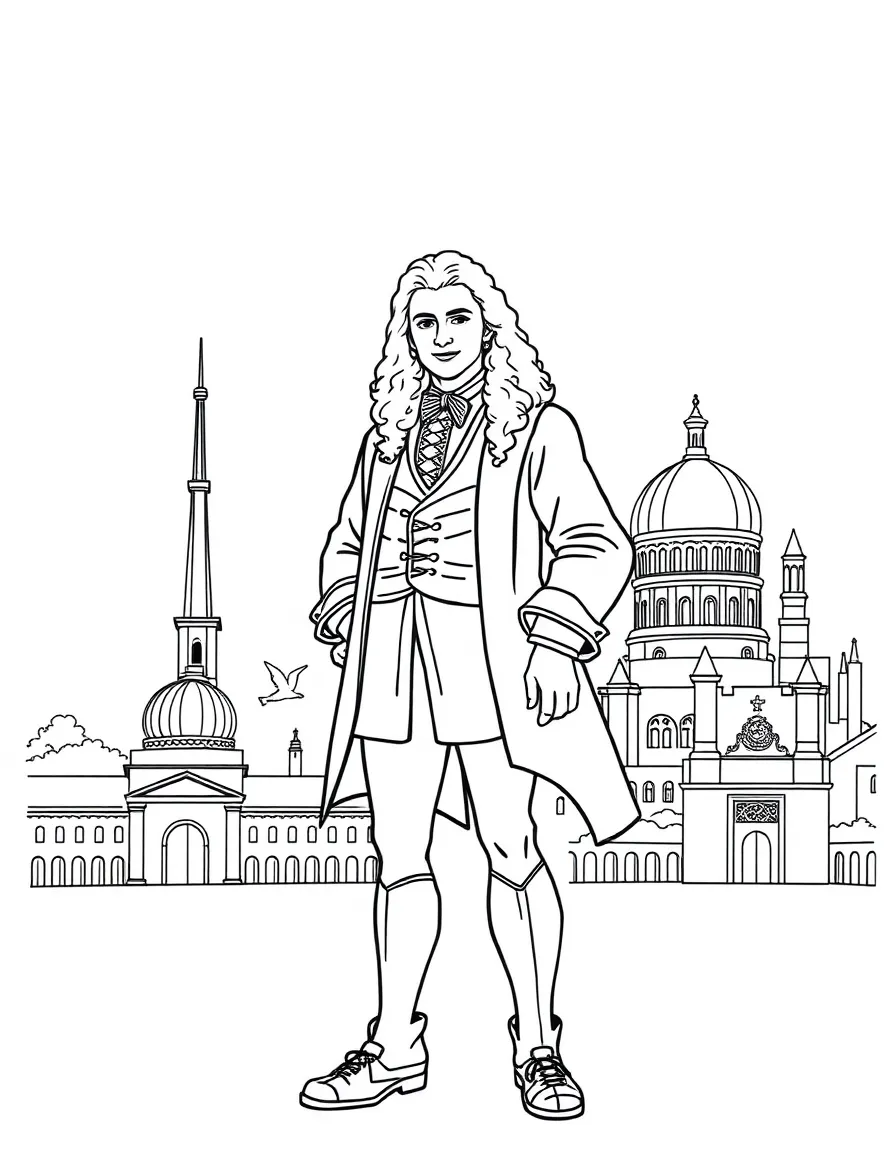 Isaac Newton standing proudly with historical landmarks in the background, drawn with clear bold lines for coloring.