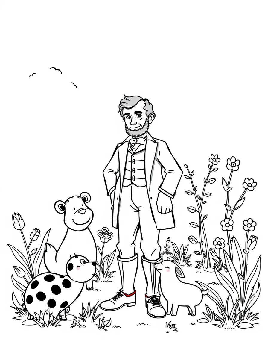 A playful scene showing Abraham Lincoln in a historical outfit with animals, plants, or kids nearby.
