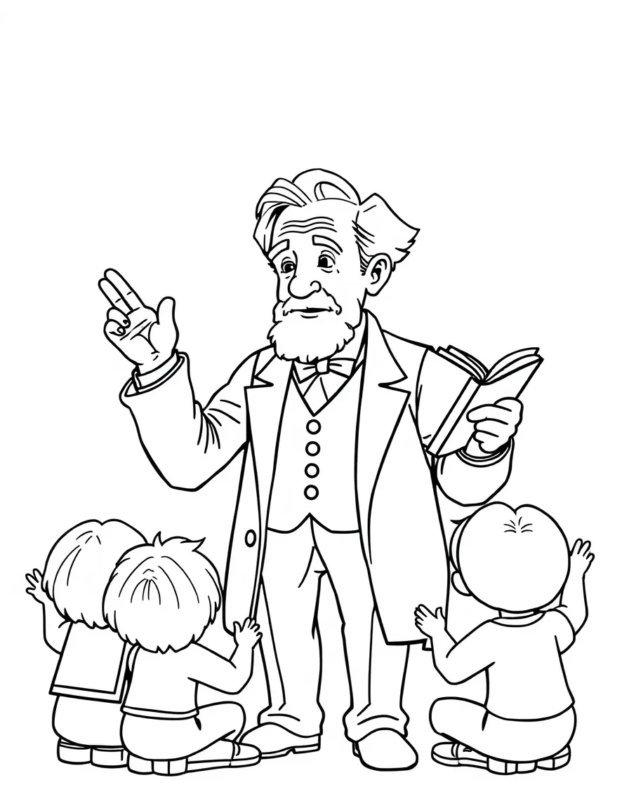 A fun coloring page of Thomas Edison giving a speech to children with books and peace signs around.