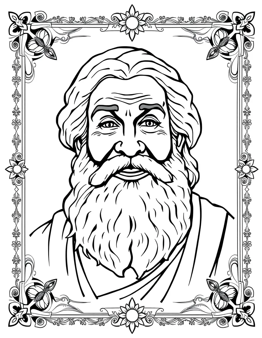 A portrait of Socrates with a big smile, framed with decorative borders and symbols of their time period.