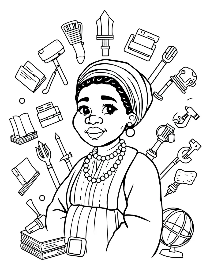 A cartoon-style drawing of Harriet Tubman surrounded by symbols of their achievements, like books, tools, or globes.