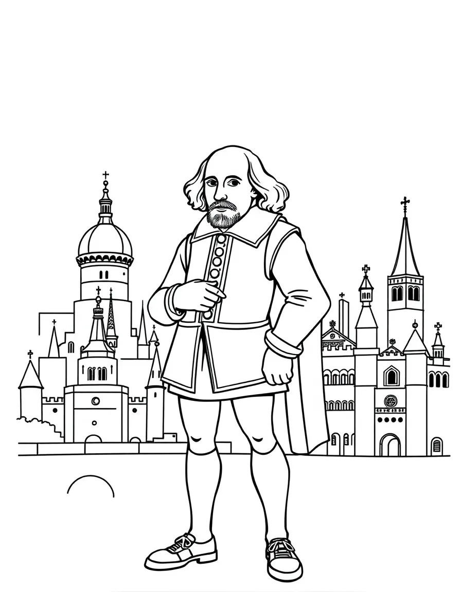 William Shakespeare standing proudly with historical landmarks in the background, drawn with clear bold lines for coloring.