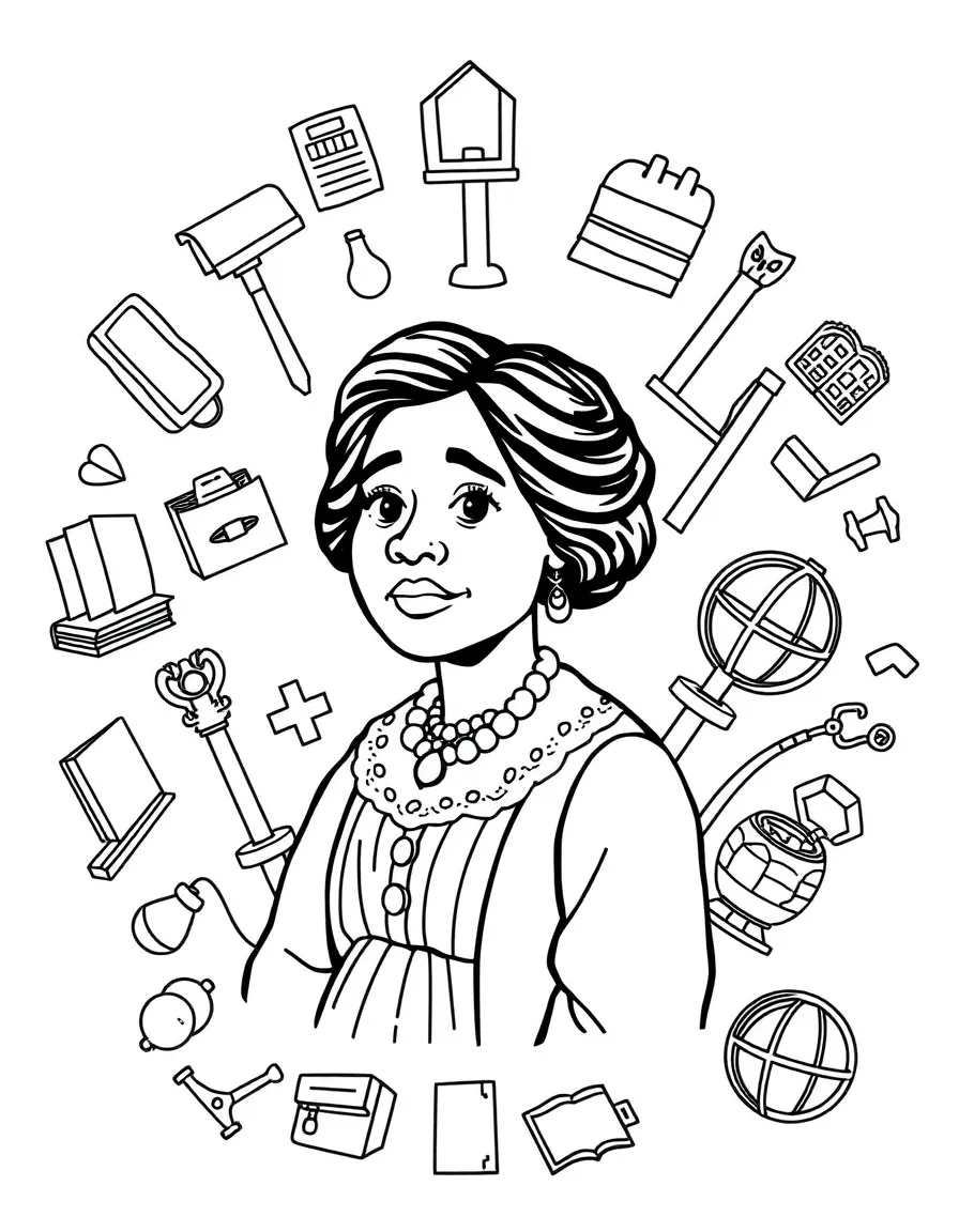 A cartoon-style drawing of Susan B. Anthony surrounded by symbols of their achievements, like books, tools, or globes.