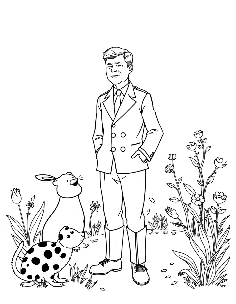 A playful scene showing John F. Kennedy in a historical outfit with animals, plants, or kids nearby.