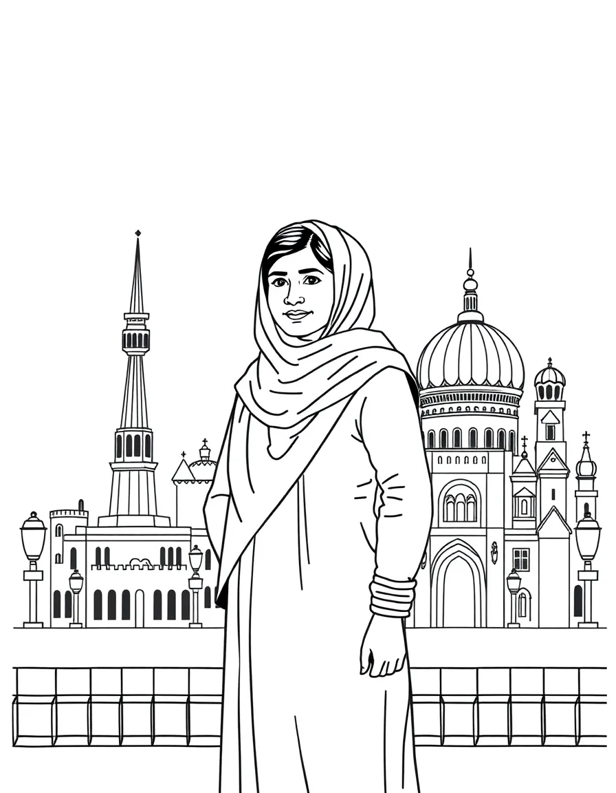 Malala Yousafzai standing proudly with historical landmarks in the background, drawn with clear bold lines for coloring.