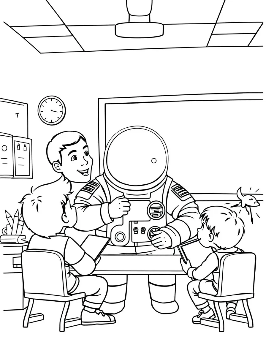 Neil Armstrong teaching children, with educational items like chalkboards and pencils, in a friendly classroom scene.