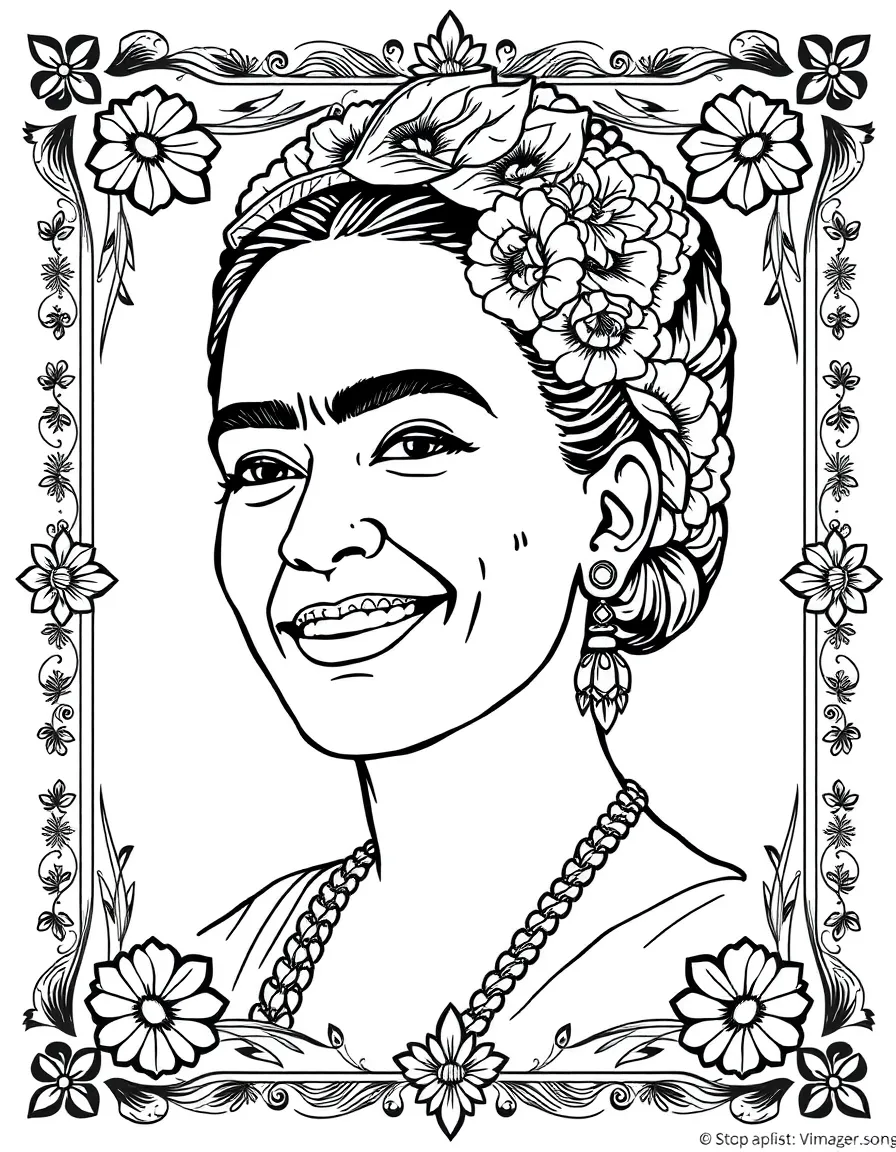 A portrait of Frida Kahlo with a big smile, framed with decorative borders and symbols of their time period.