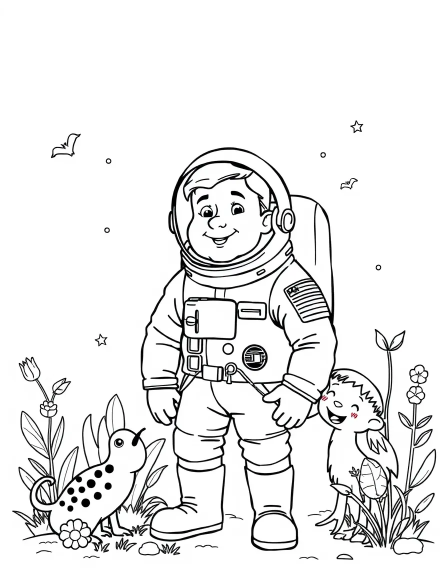 A playful scene showing Neil Armstrong in a historical outfit with animals, plants, or kids nearby.