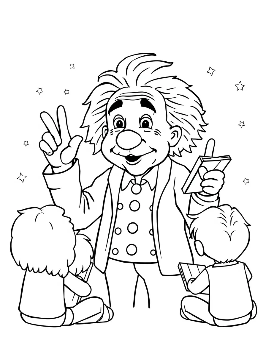 A fun coloring page of Albert Einstein giving a speech to children with books and peace signs around.