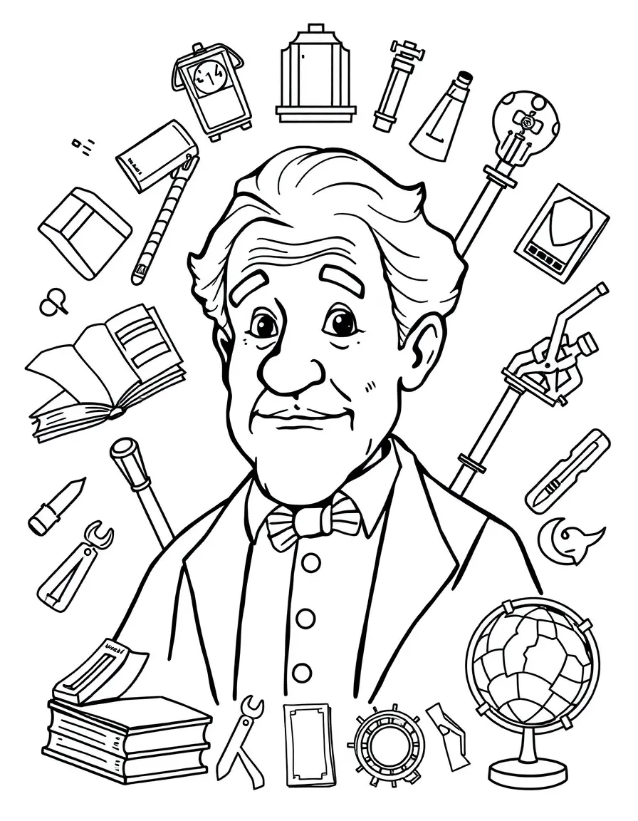 A cartoon-style drawing of Thomas Edison surrounded by symbols of their achievements, like books, tools, or globes.