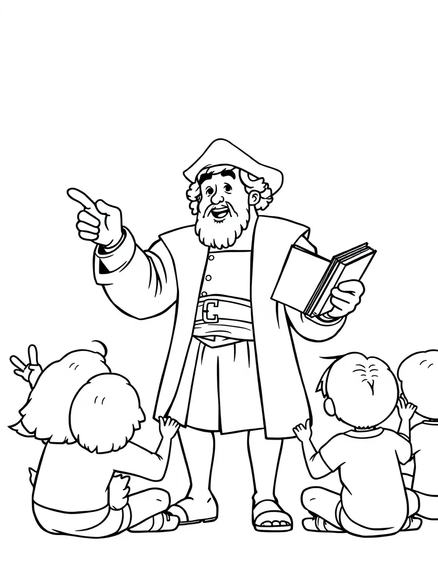 A fun coloring page of Christopher Columbus giving a speech to children with books and peace signs around.