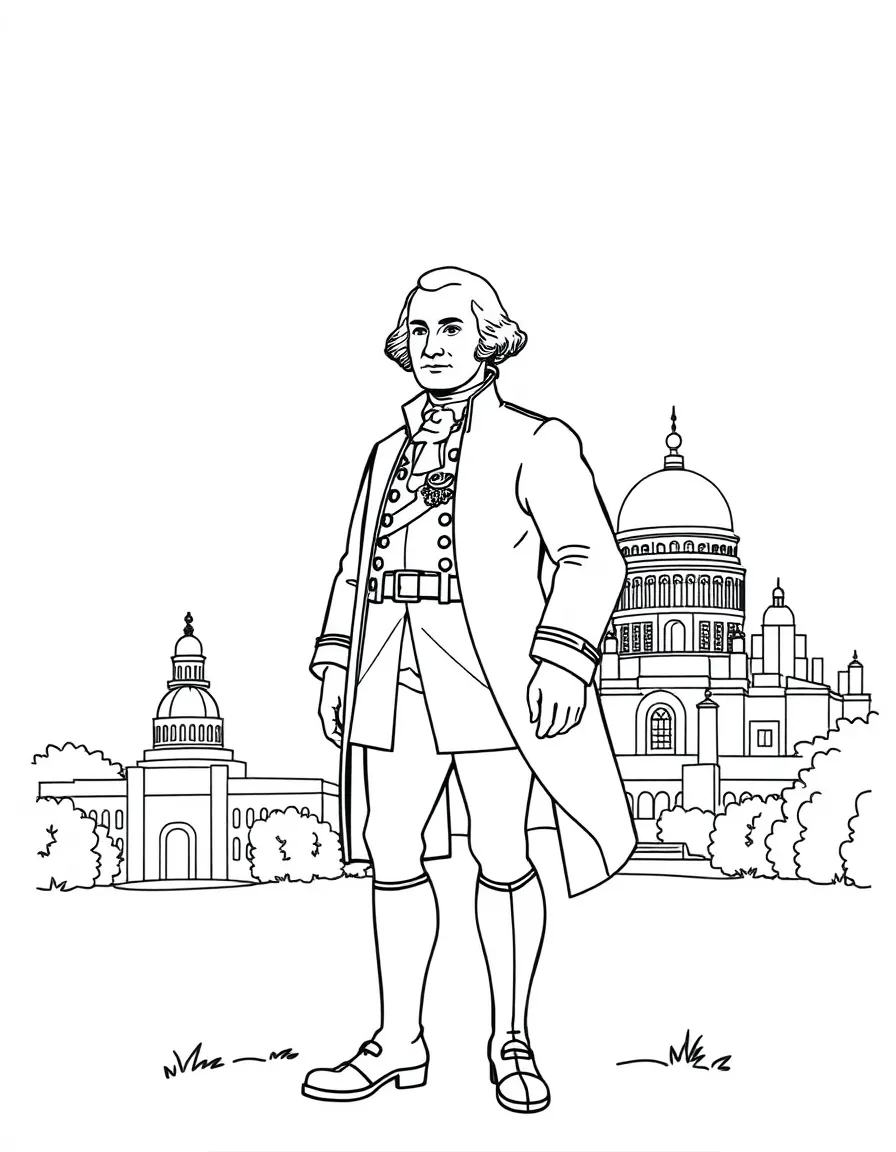 George Washington standing proudly with historical landmarks in the background, drawn with clear bold lines for coloring.