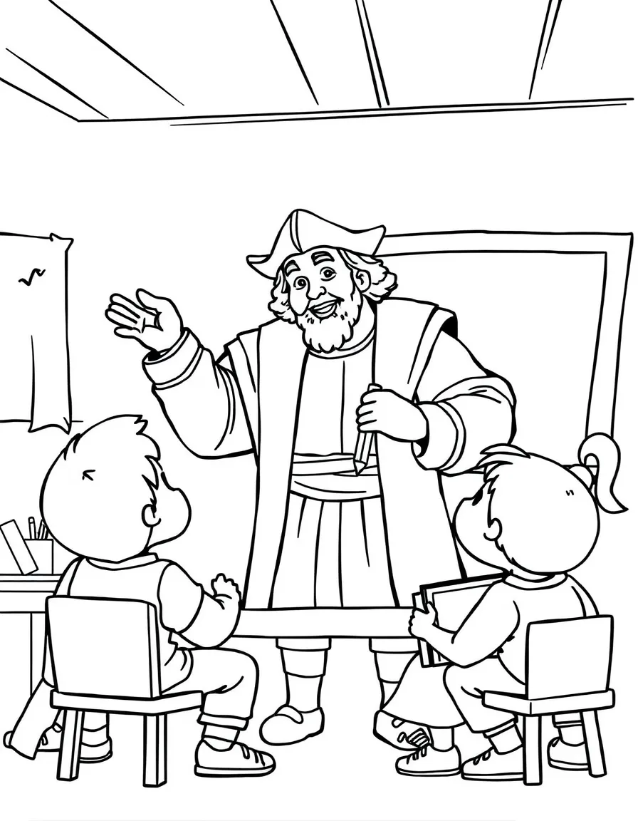 Christopher Columbus teaching children, with educational items like chalkboards and pencils, in a friendly classroom scene.