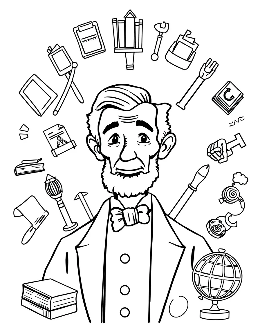 A cartoon-style drawing of Abraham Lincoln surrounded by symbols of their achievements, like books, tools, or globes.